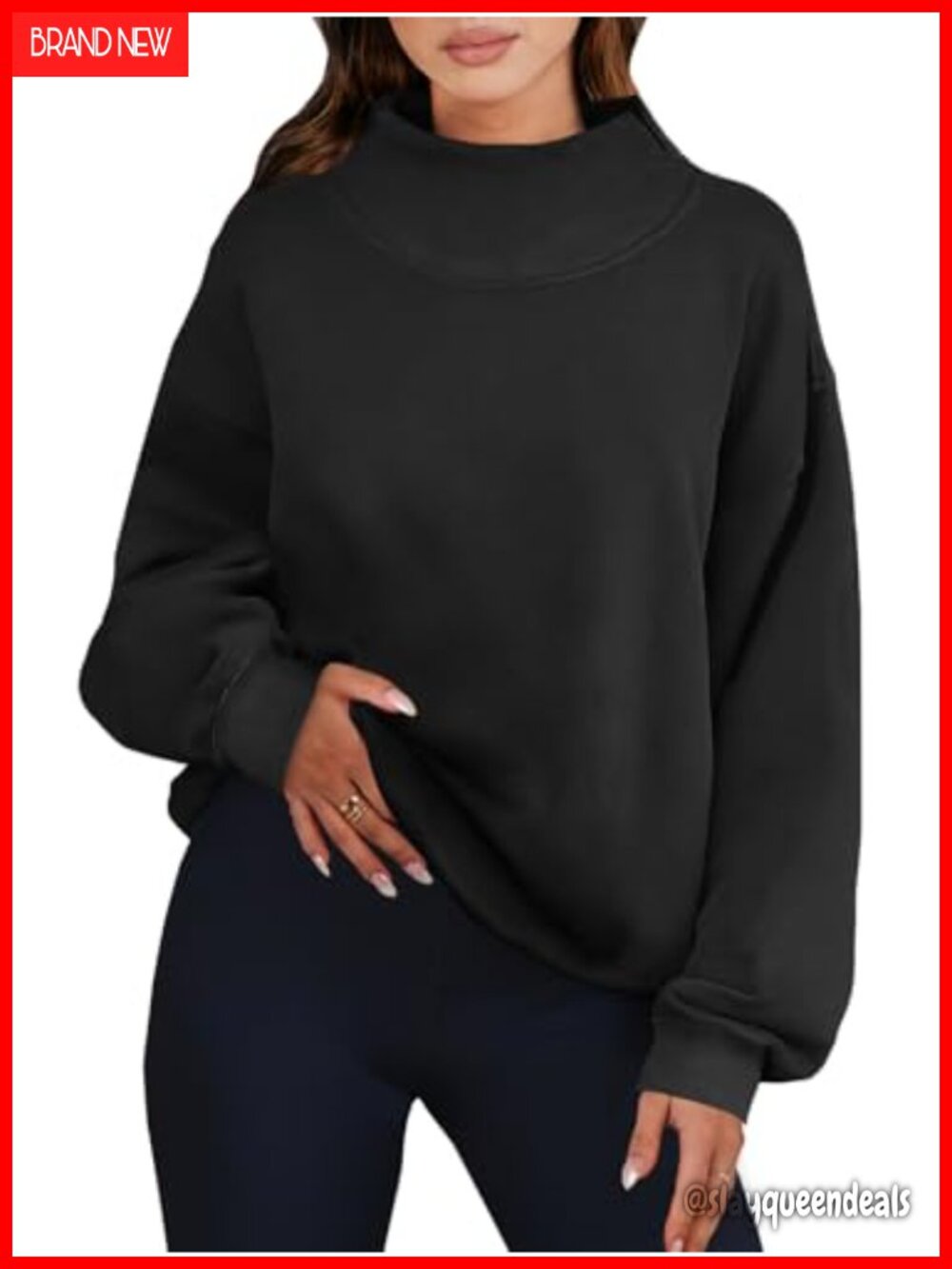 Oversized Mock Neck Pullover Sweatshirt Fleece Lined Turtleneck